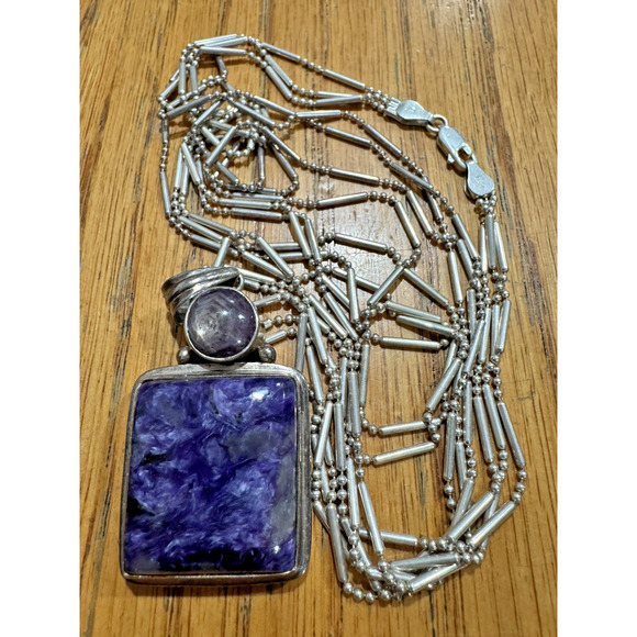 Native American Sterling Silver Purple Charoite Pendant Statement Necklace - Picture 1 of 13